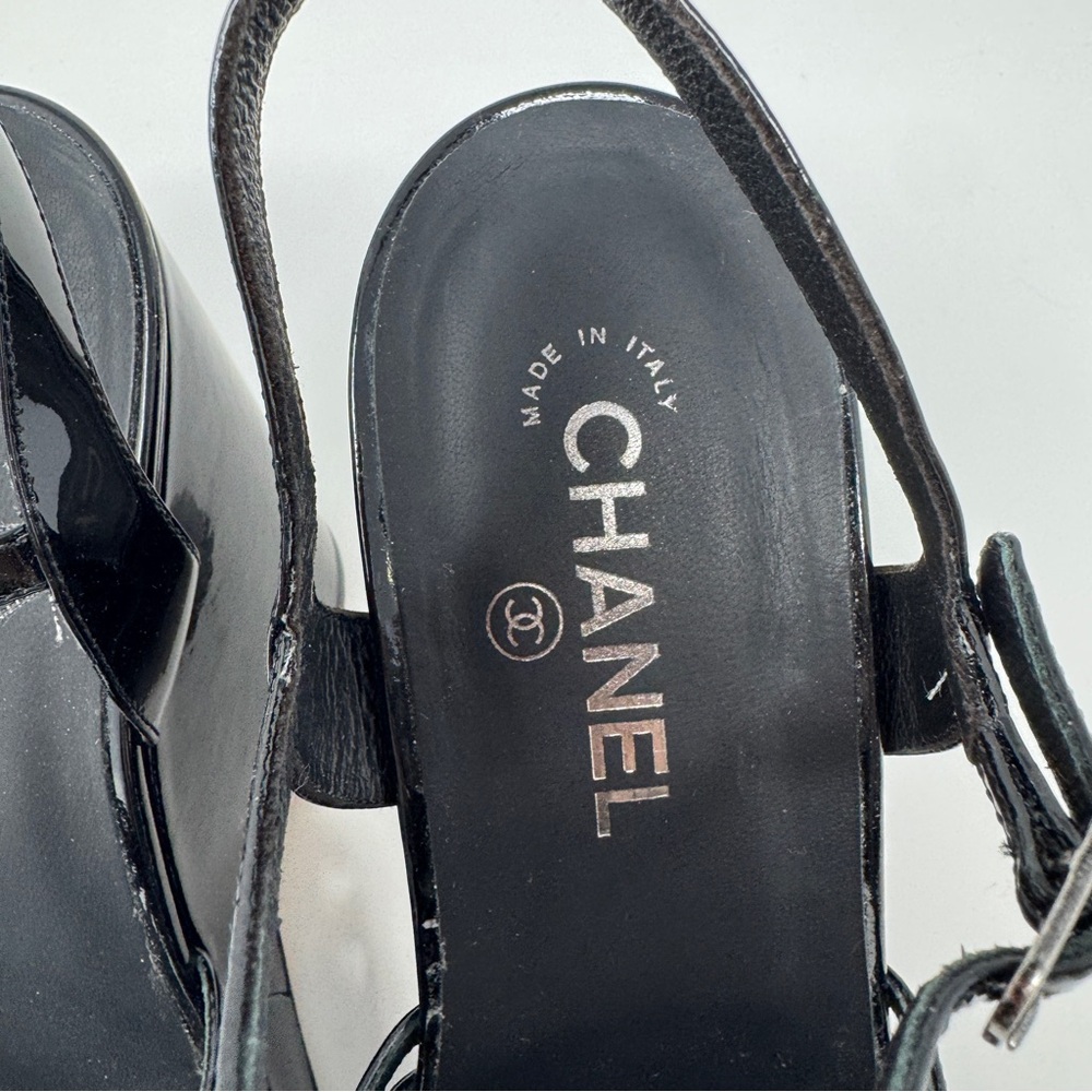 Chanel Black Patent Leather T-Strap CC Logo Wedge Platform Sandals - Picture 8 of 15